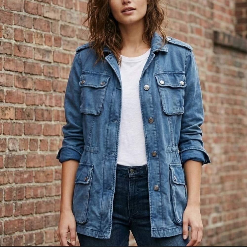 Free Peoples Denim Jacket blue oversize relaxed Cargo Coat Outfitters XS